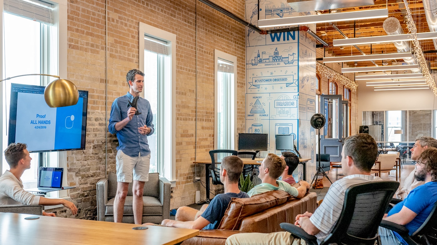 Team working together in a bright open office