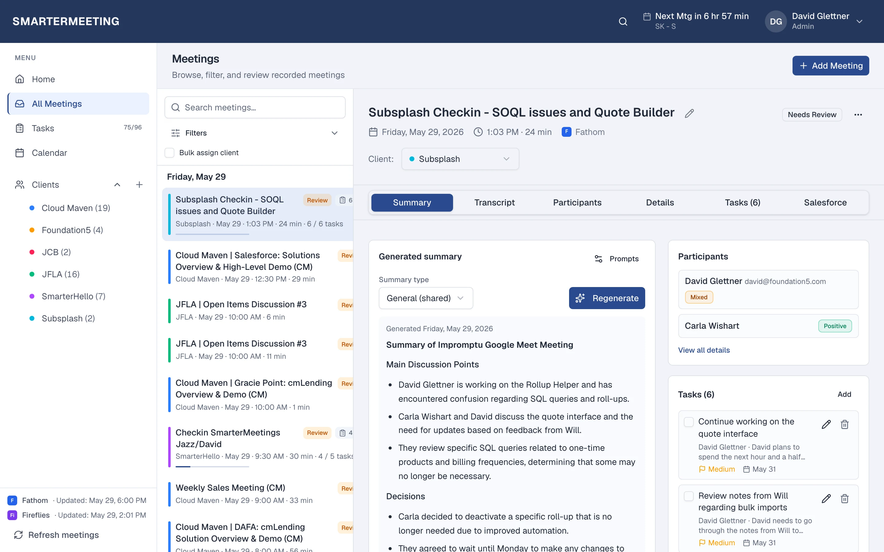 SmarterMeetings meetings list and detail panel